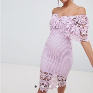Asos Off-Shoulder Cutwork Lace Midi Dress in Lilac